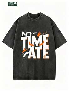 Men's Black Graphic T-Shirt With Acid Wash Effect, "No Time To Eat" Print, 100% Cotton, Short Sleeve, Distressed Vintage Style, Urban Casual Wear, Breathable, Fashion Top - 黑色 - 查看 1
