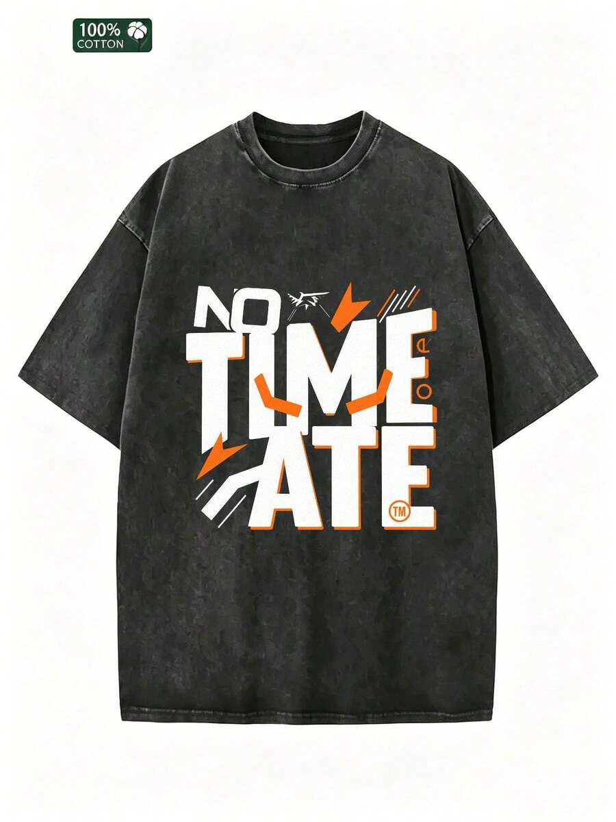 Men's Black Graphic T-Shirt With Acid Wash Effect, "No Time To Eat" Print, 100% Cotton, Short Sleeve, Distressed Vintage Style, Urban Casual Wear, Breathable, Fashion Top - 黑色 - 查看 1