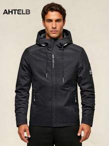 AHTELB Spring/Autumn Men's Solid Color Hooded Sports Jacket, Soft Comfortable Skin-Friendly, Anti-Theft Zipper Design, Printed Design, Suitable For Daily Outdoor Casual Sports Wear - Black - View 1