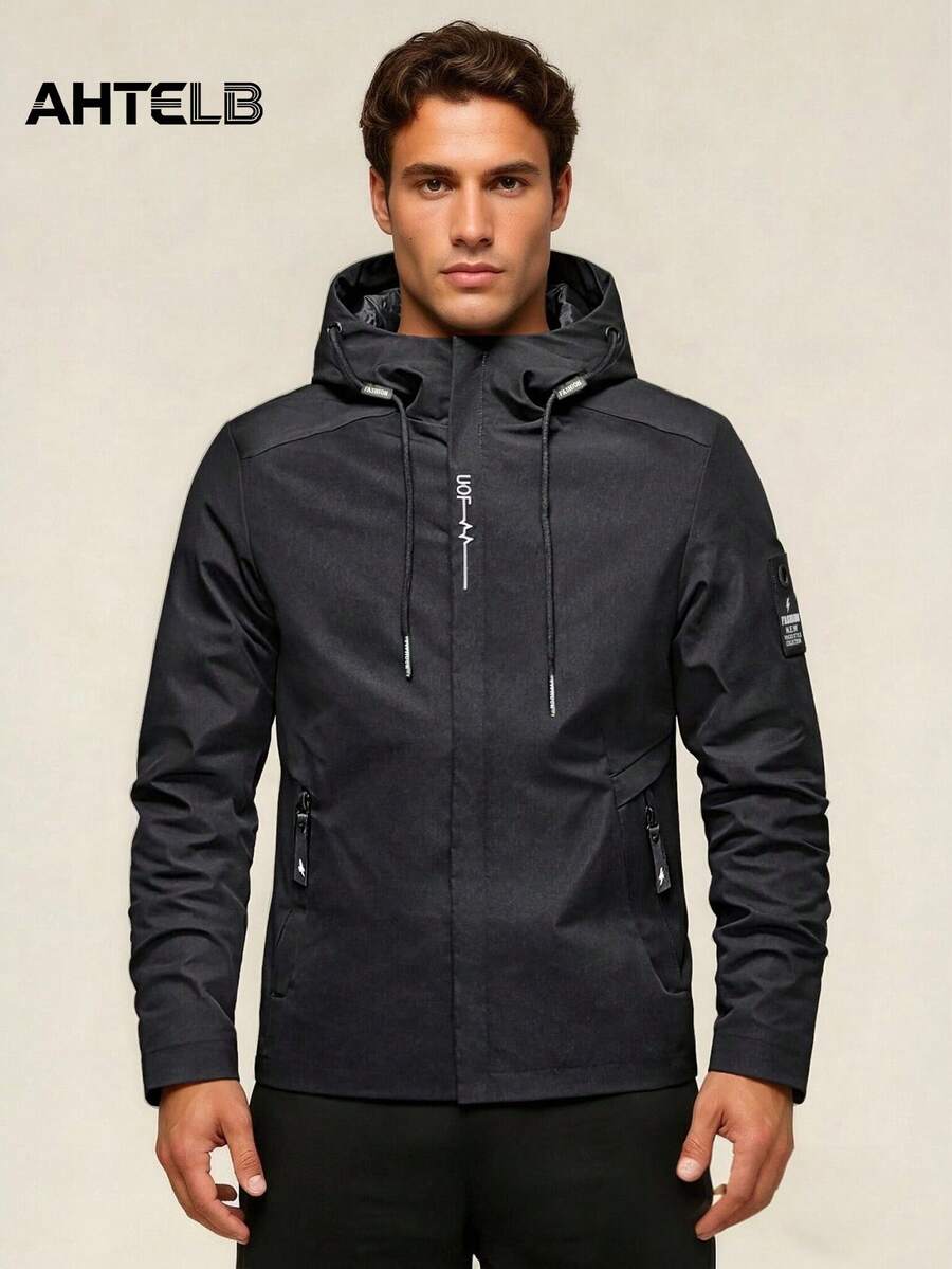 AHTELB Spring/Autumn Men's Solid Color Hooded Sports Jacket, Soft Comfortable Skin-Friendly, Anti-Theft Zipper Design, Printed Design, Suitable For Daily Outdoor Casual Sports Wear - Black - View 1