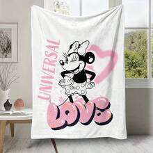 Love塗鴉風米妮鼠法蘭絨披毯，柔軟舒適絨毛毛毯，白色與粉色愛心背景，適用於沙發、床鋪、客廳、臥室、辦公室、旅行，四季皆宜 - 顏色 1 - 查看 6