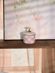 Gentle Creamy INS Style + Pink Yellow White Hand-Painted Checkerboard / Pure Pink Macaron Color Scheme + Round Teapot & Straight Storage Jar Set + Solid Wood Handle + Crystal Top Bead + Gold Rim + Even Heat Distribution, Airtight Moisture-Proof Easy To Clean + Enamel Coffee Pot Storage Jar Set + Home Coffee Brewing, Afternoon Tea Gathering, Kitchen Storage, Holiday Housewarming Gift - Multicolor - View 12