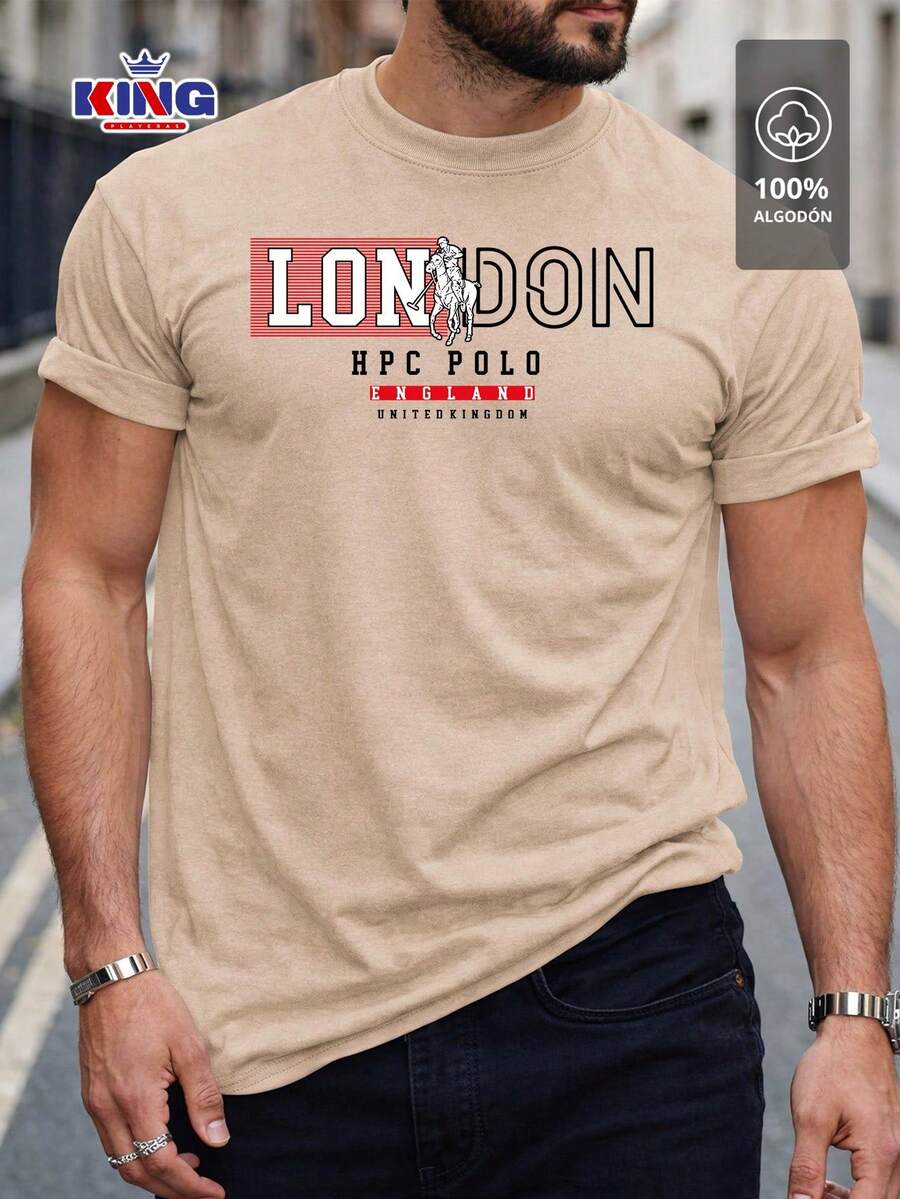 Original HPC POLO T-Shirt With Round Neck And Short Sleeves – Themed Graphic Design "HPC: London England Heritage" – 100% Cotton - 卡其色 - 查看 1