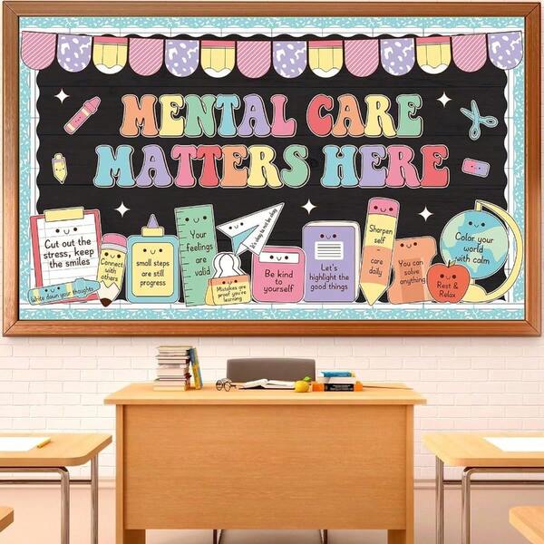 Mental Stationery Bulletin Board Decorations Set Pastel Mental Care Matters Here Classroom Decor Back To School Positive Paper Cutouts School Office Home Teacher Classroom Wall Supplies
