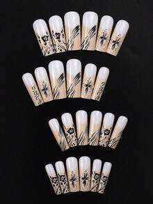 24片長方型穿戴式假指甲，法式指尖假指甲，裸米色凝膠假指甲，白色法式指尖，黑色抽象花卉，斑馬紋設計，亮面人造指甲尖，適合女性和女孩，女士美甲護理的絕佳禮物 - 彩色 - 查看 2
