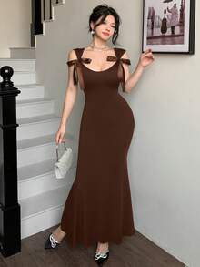 abyoxi 女款棕色蝴蝶結肩帶修身魚尾長洋裝，性感甜美優雅時尚浪漫，適合約會、派對、正式晚宴、新年、情人節，夏季修身魚尾長洋裝 - 棕色 - 查看 5