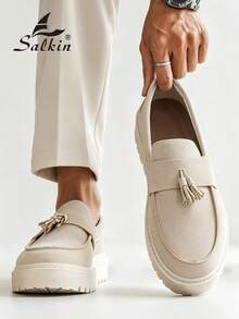Salkin Minimalist Designer Men's Casual Shoes Authentic Brand Tassel Vintage Style Soft Solid Color Suede Upper Loafers For Men Affordable Luxury For Modern Living Comfortable Moccasin Preppy Student Shoes Thick Height-Increasing Sole Daily Walking Shoes Men Couple Dating Outing Versatile Party Banquet Social Shoes Holiday Gift Suitable For All Seasons - Beige - View 1