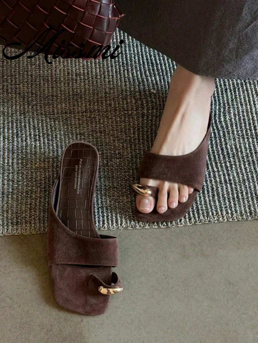 French Retro Open Toe Mule Sandals, Summer Slip-On Sandals, Thick Heel High Heels,Flip Flops - Brown - View 1