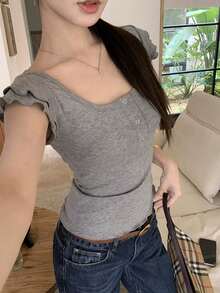 Áo thun nữ mùa hè kiểu Hàn Quốc tay ngắn xếp ly, cổ vuông, dáng ôm, kiểu Henley, phong cách thường ngày. - Xám - Xem 10