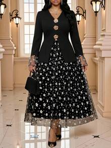 Fleurora Set da 2 pezzi taglie forti per donna, elegante abito da invitata a matrimonio con patchwork in rete floreale, abito da festa di matrimonio, outfit da carnevale, costume da carnevale, vacanza - nero - Visualizzare 5