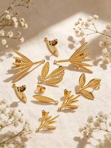 6Pcs 304 Stainless Steel 18K Gold Plated Textured Leaf Stud Earring Posts With Loop, DIY Jewelry Findings For Dangle Earrings & Pendants - Earrings - View 1
