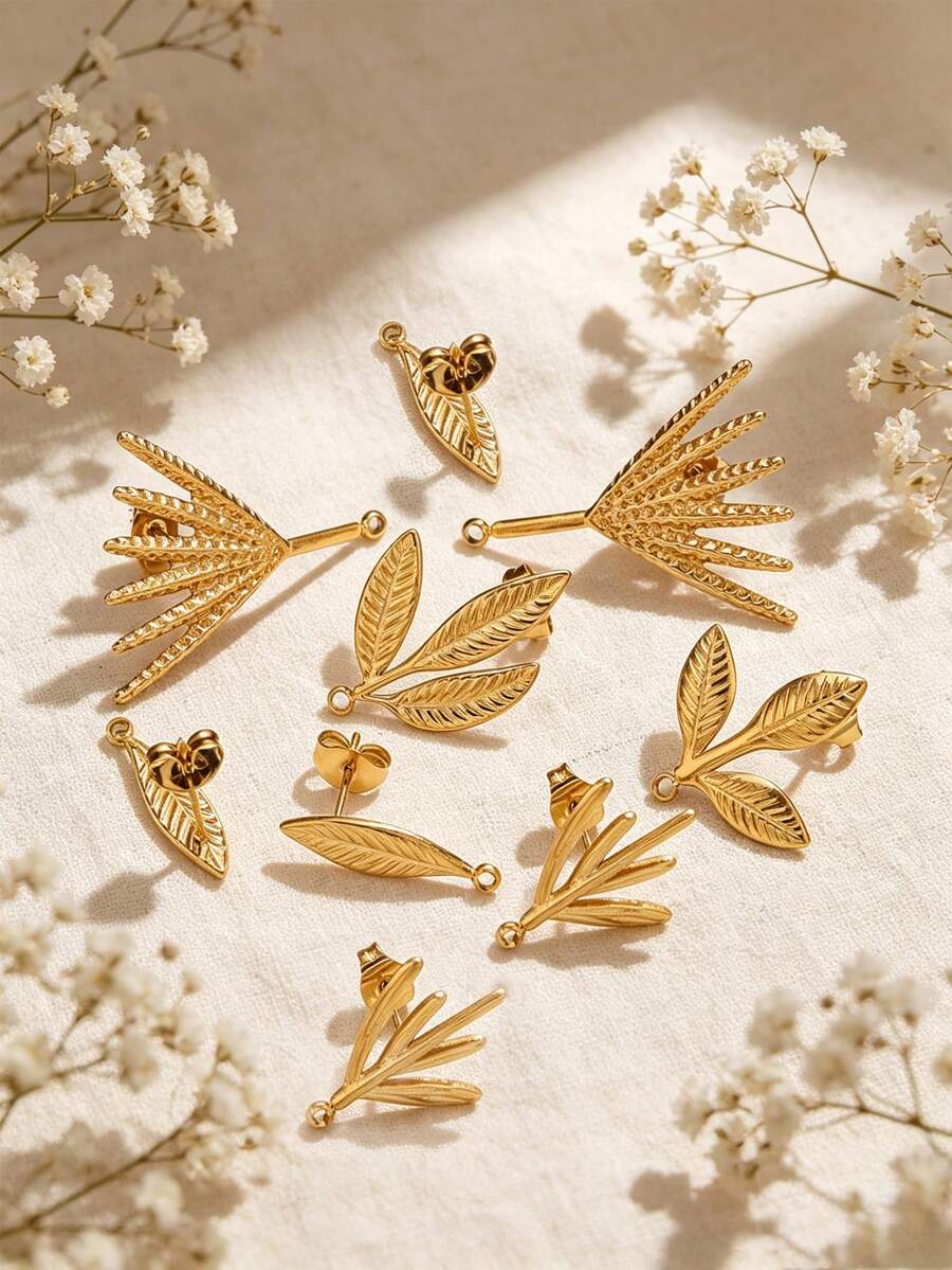 6Pcs 304 Stainless Steel 18K Gold Plated Textured Leaf Stud Earring Posts With Loop, DIY Jewelry Findings For Dangle Earrings & Pendants - Earrings - View 1