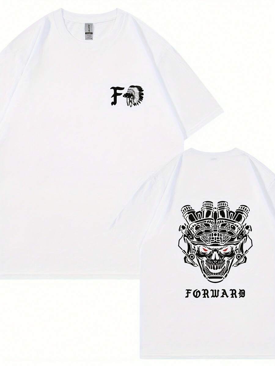 Camiseta de manga corta con estampado de doble cara de calaveras en estilo futurista europeo y americano. - Blanco - Ver 1