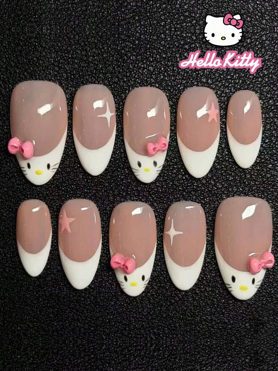 Sanrio Hello Kitty 24片裝 Y2K 杏仁形白色法式指尖穿戴甲,可愛 Hello Kitty、星星與蝴蝶結裝飾,完美貼合壓克力假指甲套組,含 1 個果凍膠與 1 個指甲锉,適合女孩日常與派對使用 - 彩色 - 查看 1