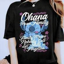 Disney Stitch Ohana Means Family Graphic Tee, Cute Lilo & Stitch Love Quote Print, Kawaii Cartoon Summer Vacation Short Sleeve Top, Disney Style - 黑色 - 查看 1