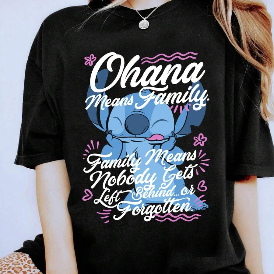 Disney Stitch Ohana Means Family Graphic Tee, Cute Lilo & Stitch Love Quote Print, Kawaii Cartoon Summer Vacation Short Sleeve Top, Disney Style - 黑色 - 查看 1