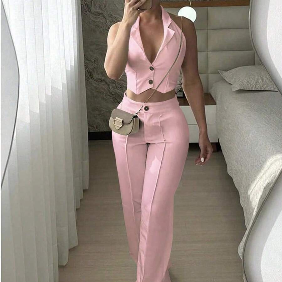 Buckle V-Neck Tank Top & Wide Leg Casual Pants Pink Set, Holiday Outfit, Commute Outfit Summer Elegant - Pink - View 1