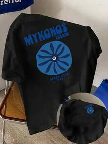 Men's Mykonos Beach Club 1995 Pattern T-Shirt - Blue And White Double-Sided Design, Casual Summer Shirt, Suitable For The Gym, Beach, Or Everyday Wear, Short Sleeve T-Shirt - 黑色 - 查看 1