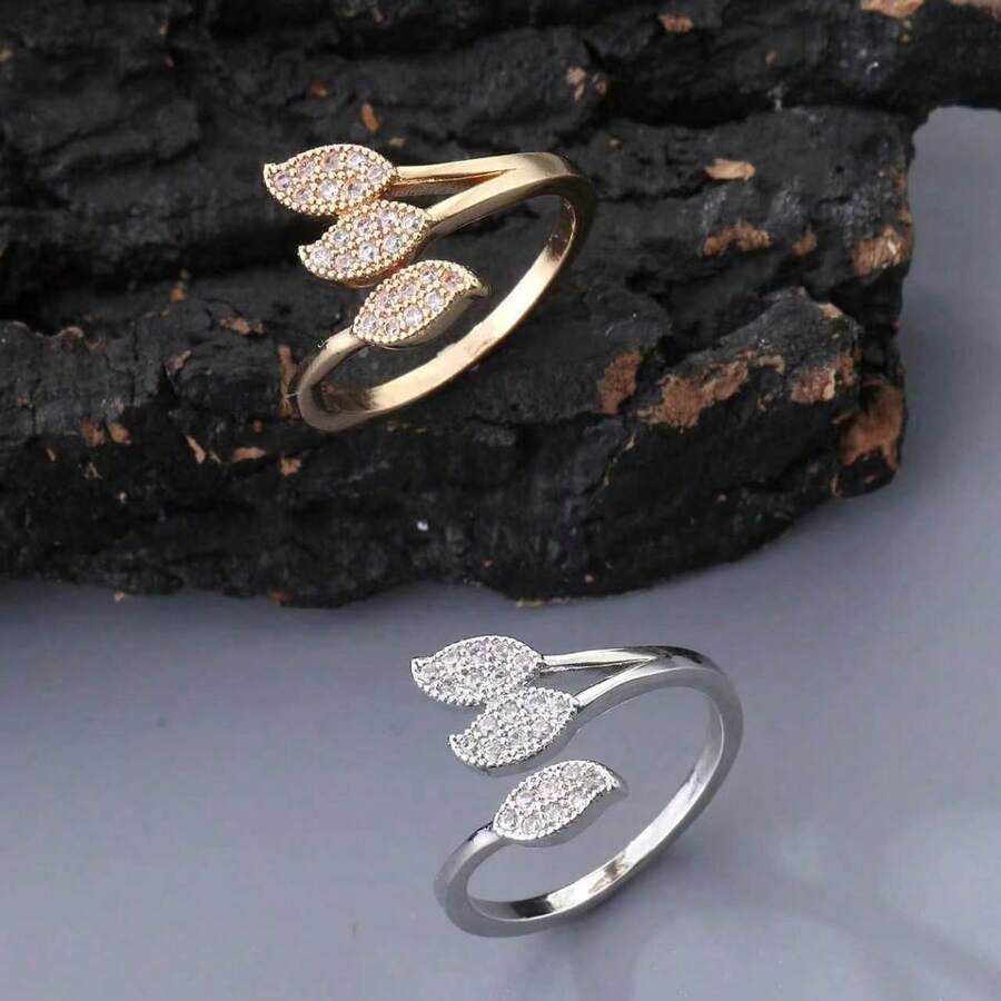 1pc Fashion Cubic Zirconia Women's Ring, Gold And Silver Color, Daily Wear, Ideal Valentine's Day Gift - Leaf Ring - View 1