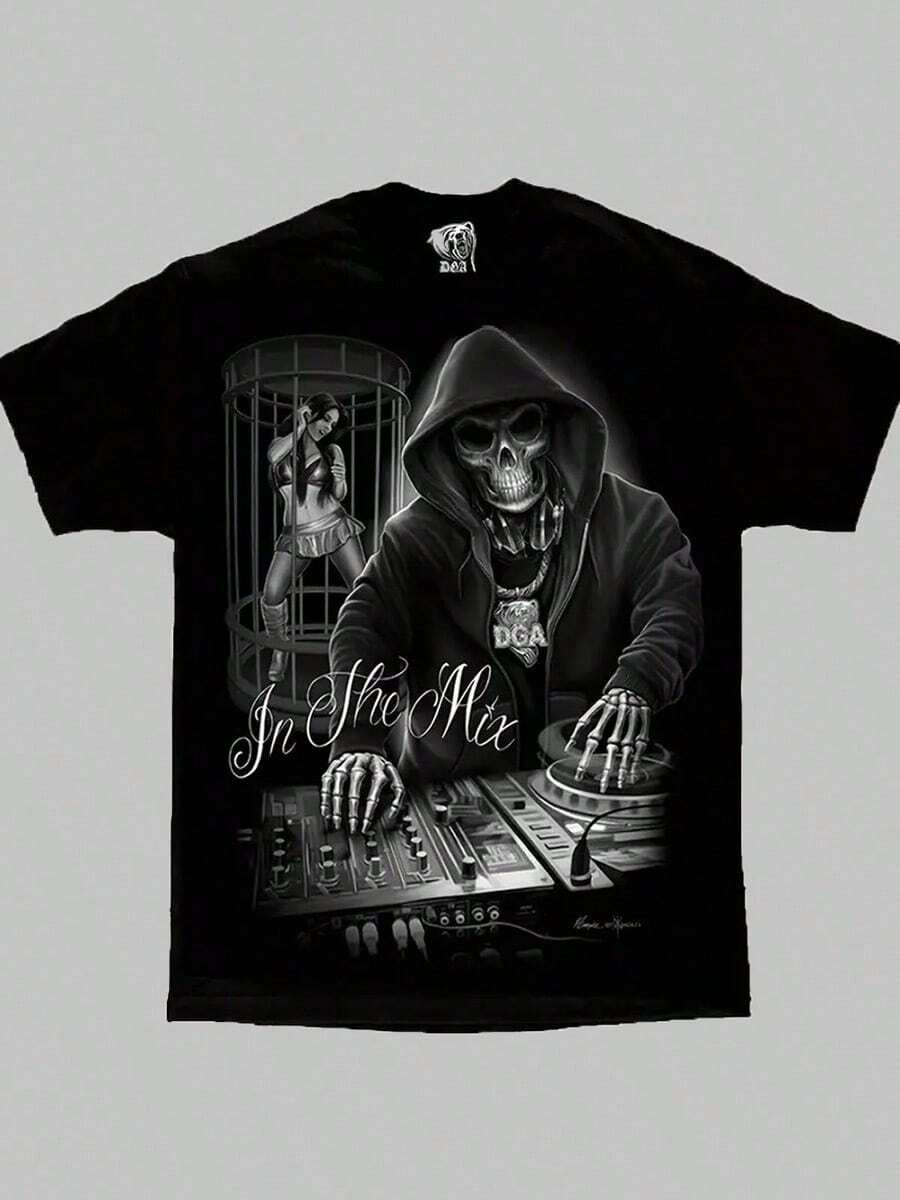 DGA In The Mix DJ Turntable D Gonzales Chicano Homies Lowrider Art T Shirt Comfortable Cotton Men'S Round Neck Short Sleeves T-Shirt 180g Back To Scho - 黑色 - 查看 1