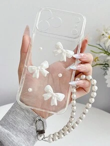奢華可愛 3D 蝴蝶結珍珠手鍊腕帶透明手機殼,適用於 iPhone 17 Pro Max、17 Pro、16 Pro Max、15、14 Pro Max、13、12 Pro、11,相機保護、防震防摔保護套 - 無色 - 查看 3