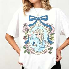 Disney Women's Oversized T-Shirt, Frozen Elsa & Bruni Coquette Floral Retro Print, 100% Cotton Short Sleeve, Cute Princess Casual Tee - 白色 - 查看 1