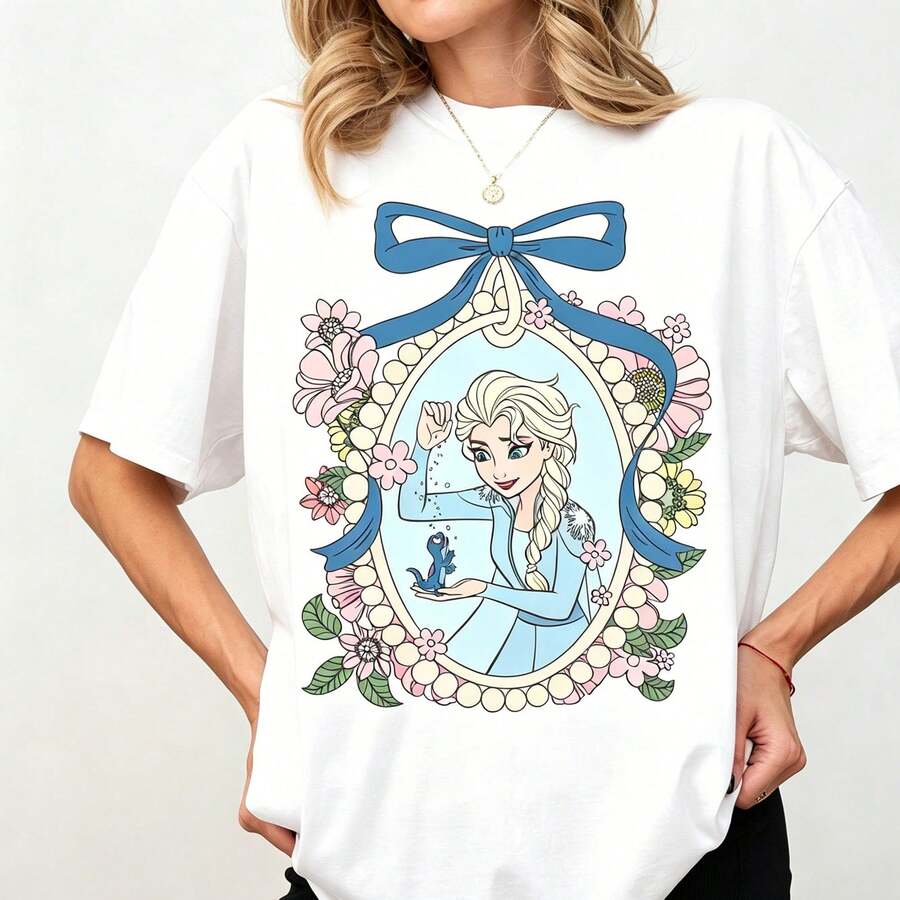Disney Women's Oversized T-Shirt, Frozen Elsa & Bruni Coquette Floral Retro Print, 100% Cotton Short Sleeve, Cute Princess Casual Tee - 白色 - 查看 1