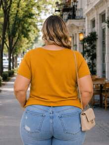 PLUS SIZE PLAIN BLOUSE CASUAL MODERN BASIC CURRENT CONTEMPORARY VISCOLYCRA DAILY WORK - Camel - View 2