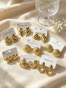 2/12 Pairs Women's Gold Stainless Steel Stud Earrings Set, Flower Heart Butterfly Leaf Vintage Symbol Earrings, Birthday Gift Set - Yellow Gold - View 4