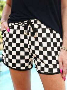 Quần short nữ cạp cao họa tiết kẻ caro đen trắng, dây rút, lưng thun, dáng rộng, phong cách casual đi biển và mặc hàng ngày cho mùa hè - Đen và trắng - Xem 1