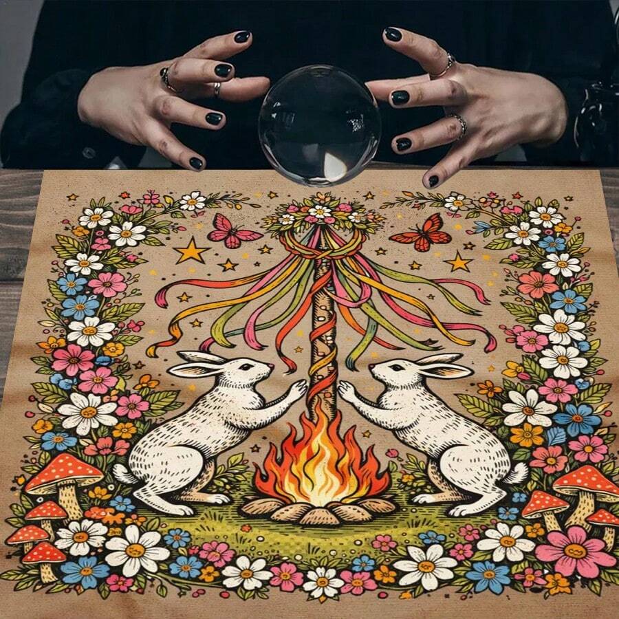 1PC Tarot Altar Cloth With Mytical Cute Rabbit Design Witchy Cloth Suitable For Tarot Readings Moon Phase Ceremonies Meditation Spaces Elegant Mandala Altar Cloth With Vintage Floral Oracle Mat Tarot Tablecloth Boho Playmat Cloth Home Decor - Multicolor - View 1