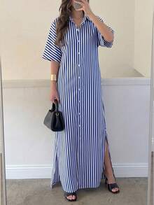 Plus Size Women's Striped Single-Breasted Casual Daily Shirt Dress Elegant Summer - Royal Blue - View 4