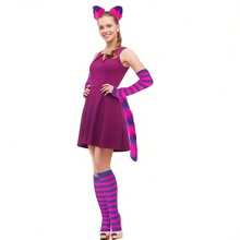 5pcs Halloween Cat Costume Accessories Set With Fluffy Tail, Ear Headband, Faux Leather Collar, Arm Sleeves, Striped Socks, Perfect For Cosplay - Pink Purple Stripes - View 2