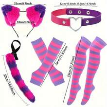 5pcs Halloween Cat Costume Accessories Set With Fluffy Tail, Ear Headband, Faux Leather Collar, Arm Sleeves, Striped Socks, Perfect For Cosplay - Pink Purple Stripes - View 5