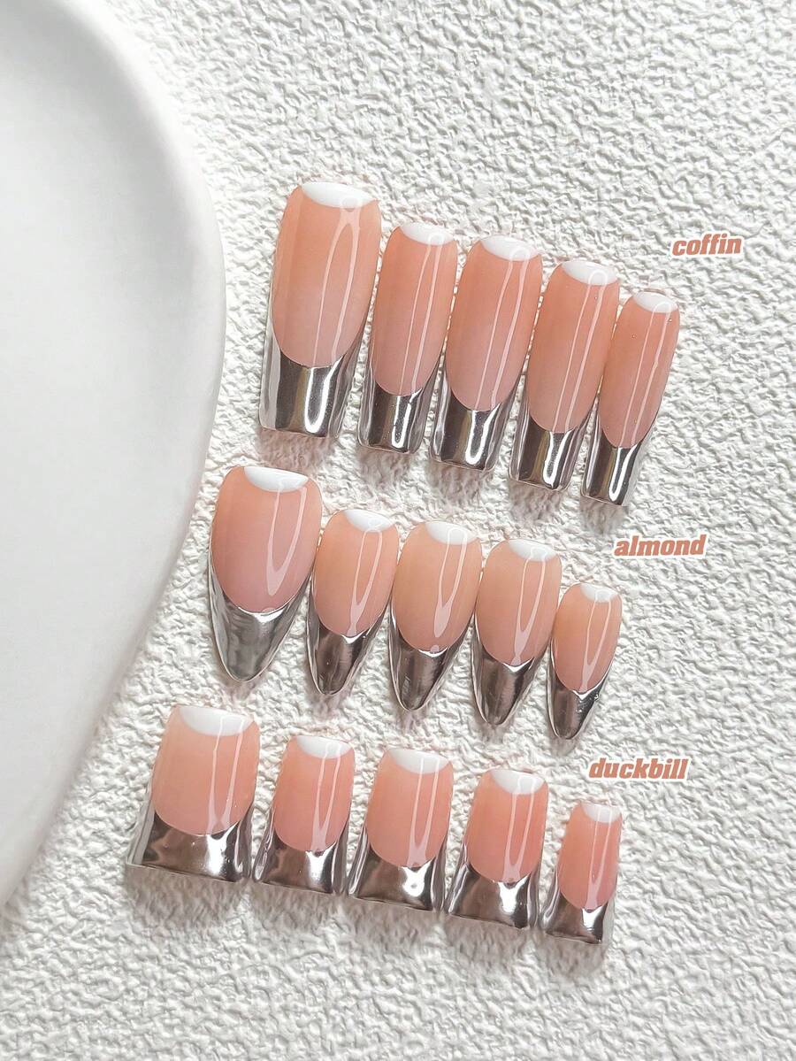 10件組極簡手工穿戴甲，Polygel美甲套組，法式銀色，銀色指甲油，休閒風格，含美甲工具，3種尺寸可選，杏仁形、鴨嘴形、棺材形，適合派對、跳舞、日常穿戴 - 彩色 - 查看 1