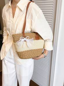 New Fashion Casual Beach Straw Woven Large Capacity Commuter Premium Texture Woven Shoulder Tote Bag, Pendant For Reference Only - Khaki - View 4