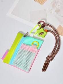 1 Set Dopamine Color-Block Star Adjustable Braided Phone Wrist Strap Coin Purse, Korean Style Patchwork Mesh Tulle Mini Cute Portable Key Coin Storage Zipper Pouch, Multi-Functional Portable Student Bus Card Earphone Lipstick Storage Colorful Small Bag - Multicolor - View 13