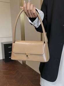 柔軟PU金屬扣裝飾復古貝殼法棍包 女款單肩包 新款女包 小手提包 小方包 - 卡其色 - 查看 6