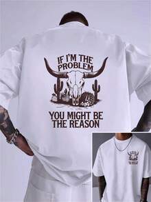 Camiseta de hombre de talla con diseño de vaquero del oeste, con estampado de doble cara que dice Si yo soy el problema,ú podrías ser la razón - diseño de cabeza de vaca y desiert - Blanco - Ver 1