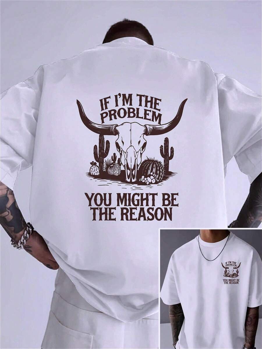 Camiseta de hombre de talla con diseño de vaquero del oeste, con estampado de doble cara que dice Si yo soy el problema,ú podrías ser la razón - diseño de cabeza de vaca y desiert - Blanco - Ver 1