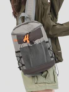 Functional Outdoor Backpack | Unisex Nylon Bag With Khaki Color Blocks, Mesh Pocket & Contrast Straps | Hiking/Sports/Outdoors - 深色水洗藍 - 查看 6