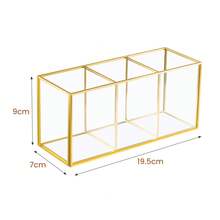 3-Compartment Makeup Brush Holder Glass And Brass Cosmetic Storage - 金色 - 查看 6