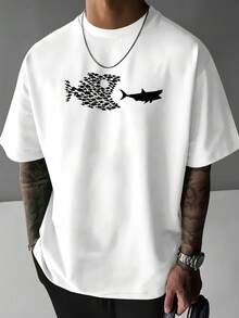 Men's Short-Sleeved, Crew-Neck Sports T-Shirt With A Small "One Eating Another" Print, Comfortable And Versatile For Everyday Wear, Suitable For Summer And Spring. - 白色 - 查看 1