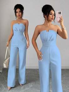 Mono elegante de unicolor con pliegues para mujer - Azul - Ver 1