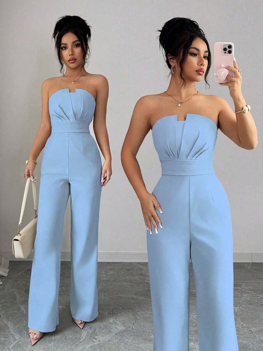 Mono elegante de unicolor con pliegues para mujer - Azul - Ver 1