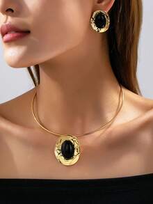 New Exaggerated Oval Rhinestone (Artificial Turquoise) Stud Earrings, Choker Necklace Suitable For Daily Wear, Parties, Banquets, Holiday Gifts - Yellow Gold - View 7