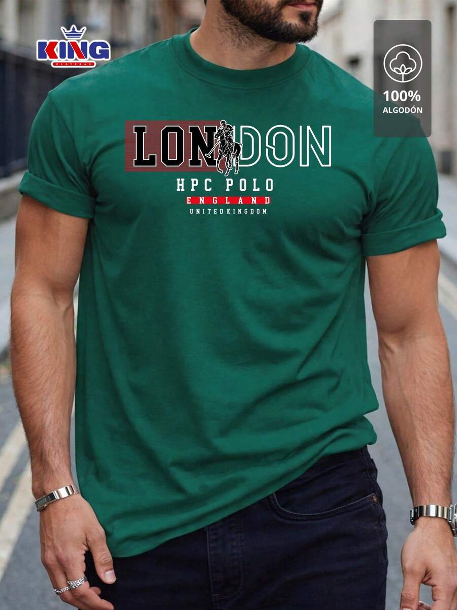 Original HPC POLO T-Shirt With Round Neck And Short Sleeves – Themed Graphic Design "HPC: London England Heritage" – 100% Cotton - 墨綠色 - 查看 1