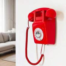 Teléfono de pared con cable con revisión teléfono fijo retro rojo teléfono de pared antiguo con remarcado para hogar oficina hotel escuela juego de teléfono con esfera giratoria clásico - Rojo - Ver 4