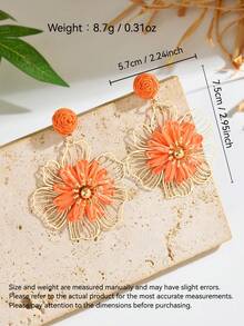 1 Pair Bohemian Beach Ocean Vacation Style Handmade Raffia Woven Orange Flower Hollow Earrings, Fashionable Elegant Hollow Floral Pendant Earrings Suitable For Women's Daily Wear, Vacation And Banquet - Orange - View 6