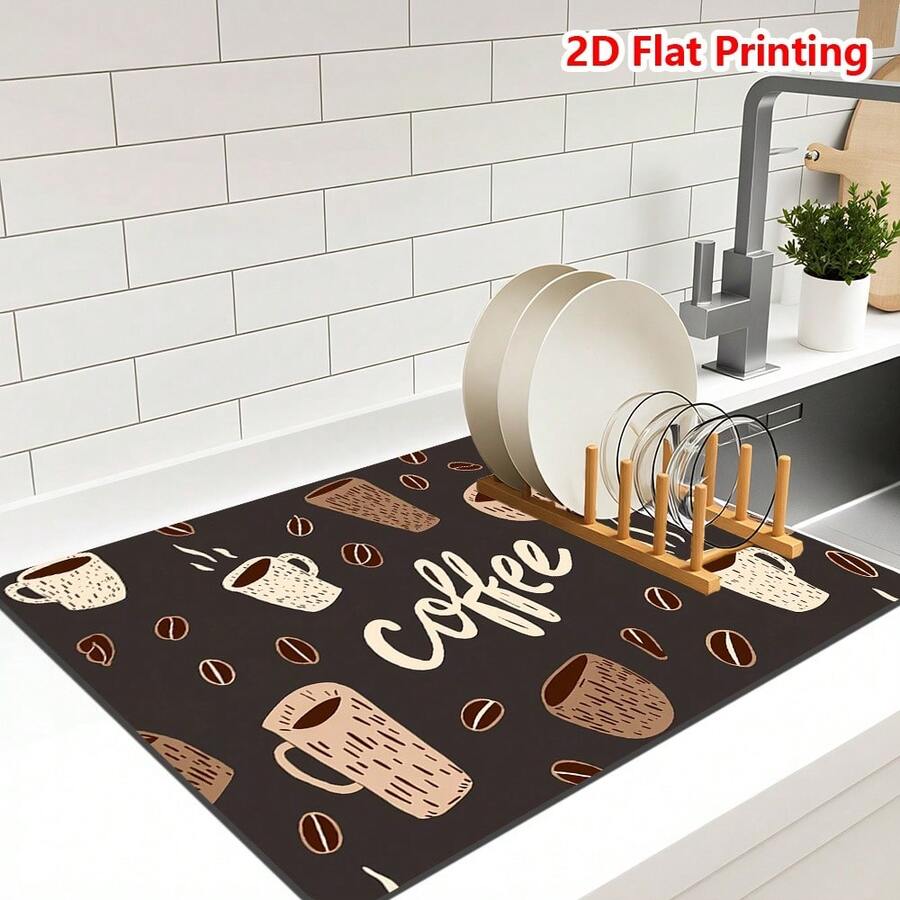 1/10pcs Coffee Cup Printed Dish Drying Mat For Kitchen Counter, Heat Resistant Drainer Mats With Non-Slip Rubber Backed, Hide Stain Kitchen Super Absorbent Draining Mat, Easy To Clean Dish Rack - Grey - View 1